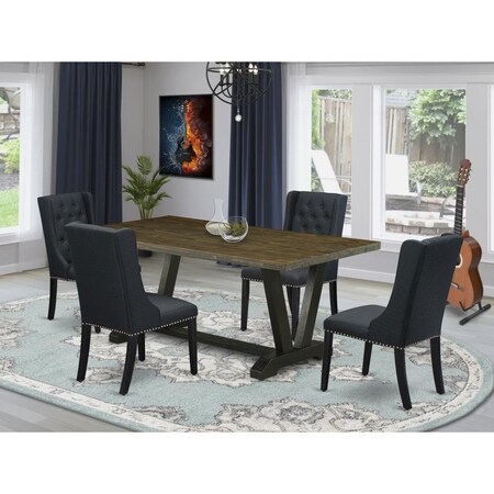 East West Furniture 5 Piece V-Style Dining Table Set - Wire Brush Black V677FO624-5
